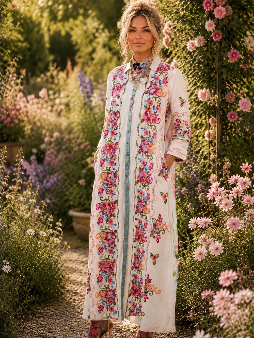 Aratta White Maxi Dress Multicolor Floral Embroidery Peacock Back Design D-2